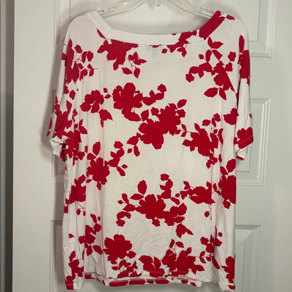 Talbots White & Red Boat Neck Floral Rayon Blend Top SZ 2X plus size work wear - Picture 2 of 11